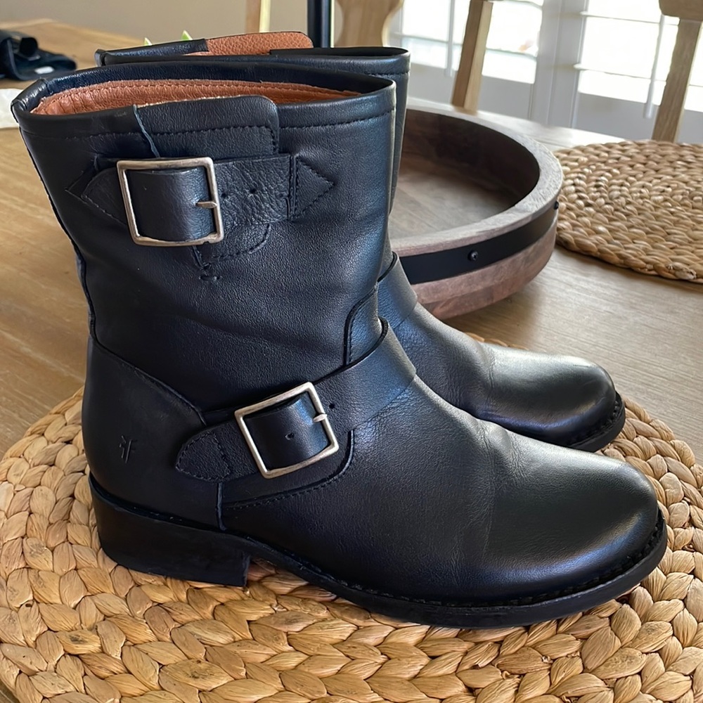 Festival ready with Frye Black Leather Moto Booties!